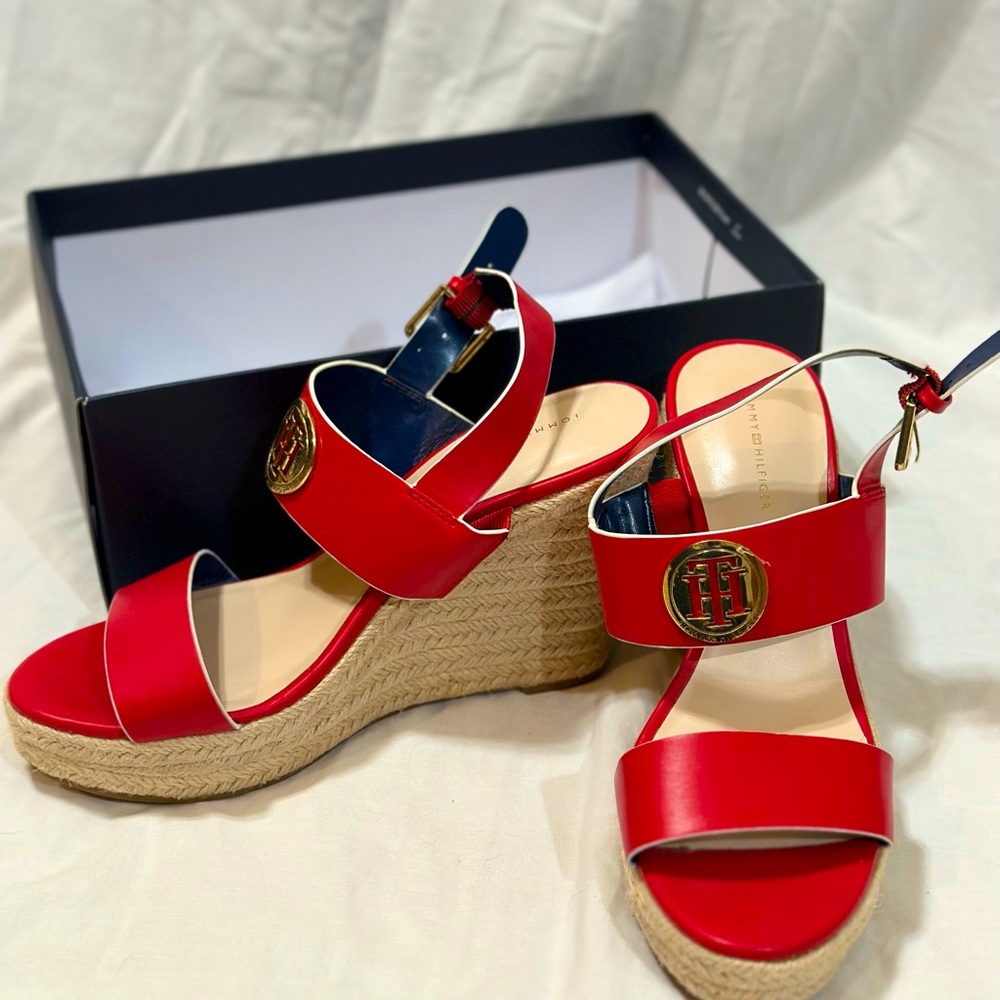 Tommy Hilfiger Women's Red Kahdy Wedged Heeled Sandals. Size 8.5